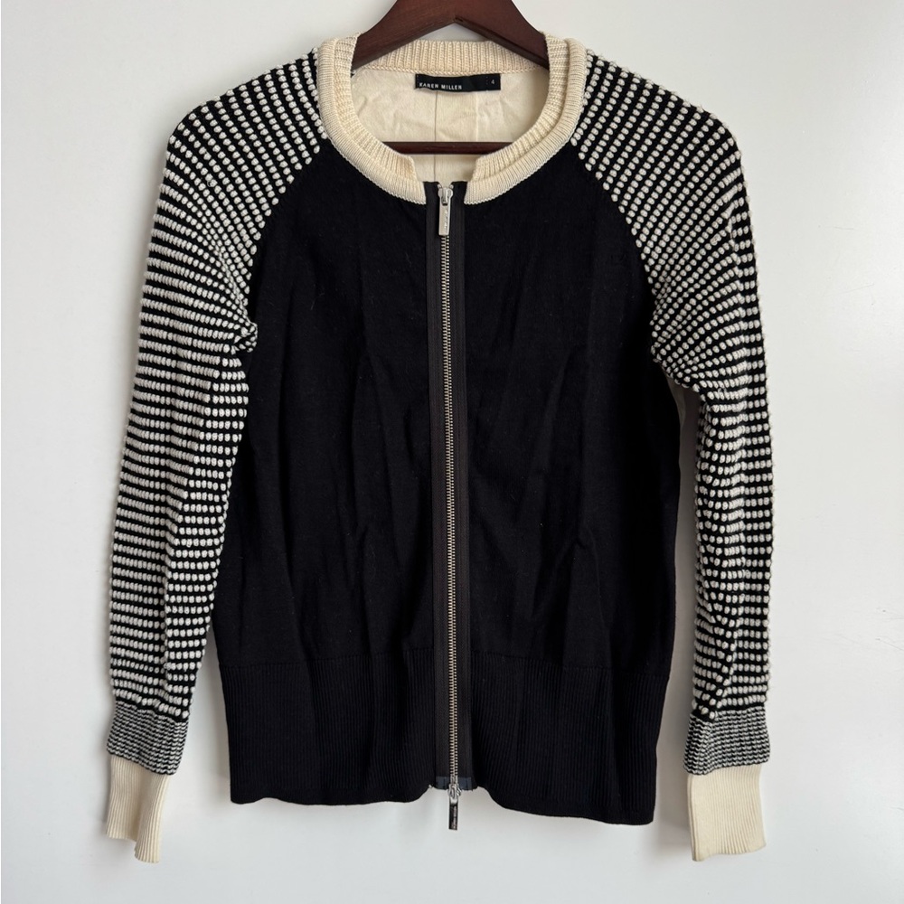 Karen Millen Black and Cream Zip-Front Knit Cardigan